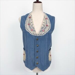 Vintage‎ Sears Vest Womens 44R Blue Corduroy Lace Floral Bow Country Cottagecore